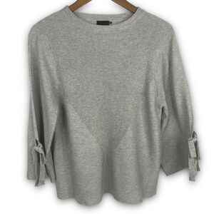 Cliche Gray Ribbed Wool Blend Quarter Tie Sleeve Crew Neck Sweater‎ Top Medium